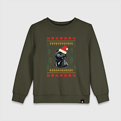 Свитшот хлопковый детский Рождественский свитер Черный мопс, цвет: хаки