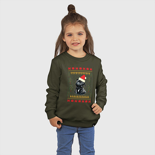 Детский свитшот Рождественский свитер Черный мопс / Хаки – фото 3