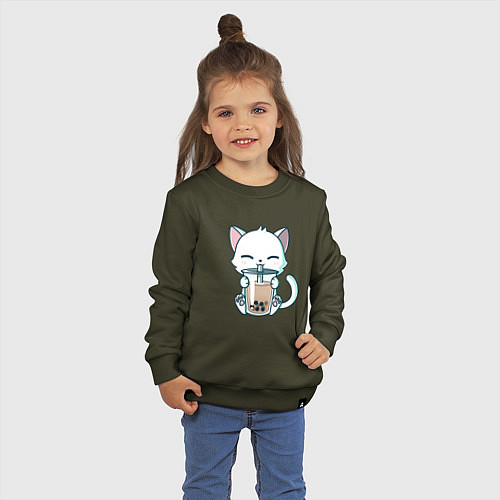 Детский свитшот Котик с бабл ти / Хаки – фото 3