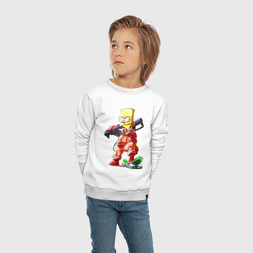 Детский свитшот Крутой Барт Симпсон с оружием на плече и скейтборд / Белый – фото 4