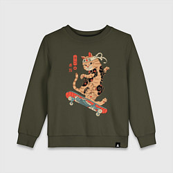 Свитшот хлопковый детский Кот самурай скейтбордист, цвет: хаки