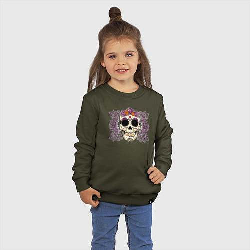 Детский свитшот Мексиканский череп и фиолетовый розы / Хаки – фото 3