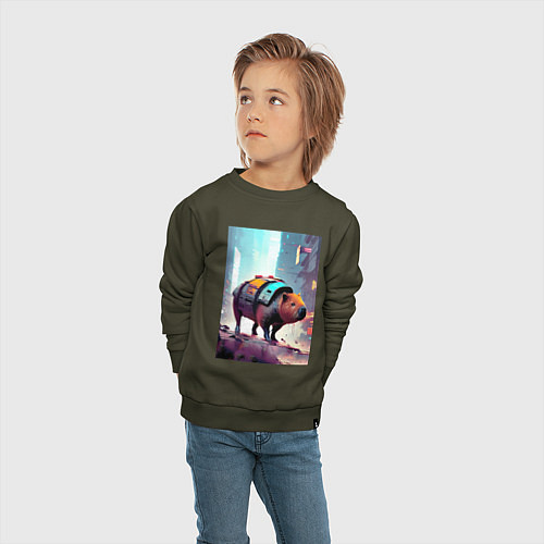 Детский свитшот Капибара в мегаполисе - киберпанк / Хаки – фото 4