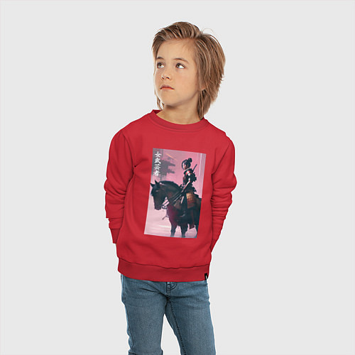 Детский свитшот Онна-бугэйся -конная девушка-самурай - нейросеть / Красный – фото 4