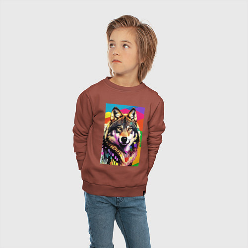 Детский свитшот Красочный волк - поп-арт - нейросеть / Кирпичный – фото 4