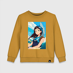 Свитшот хлопковый детский Девочка и океан, цвет: горчичный