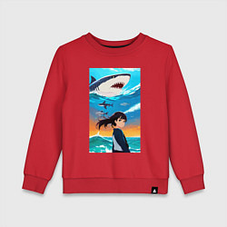 Свитшот хлопковый детский Маленькая девочка и белая акула, цвет: красный