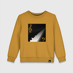 Свитшот хлопковый детский Скрипичный и басовый ключи с клавиатурой фортепиан, цвет: горчичный