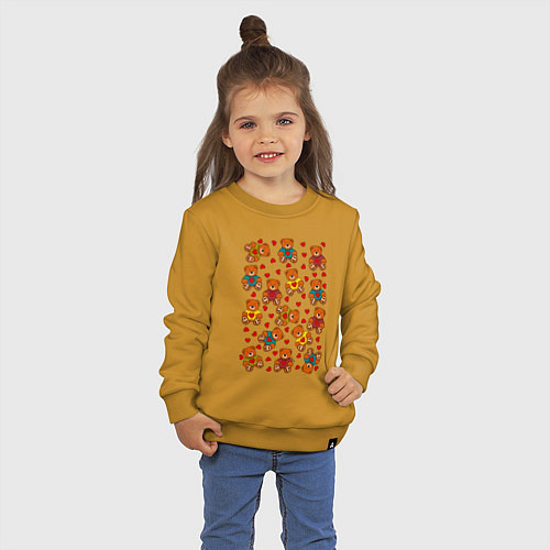 Детский свитшот Мишки в цветных свитерах и сердечки / Горчичный – фото 3