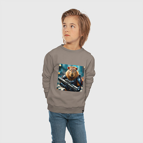 Детский свитшот Мем вооруженная капибара и автомат / Утренний латте – фото 4