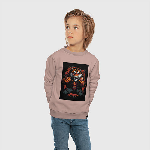 Детский свитшот Тайский бокс тигр в стойке / Пыльно-розовый – фото 4
