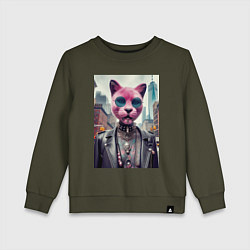 Свитшот хлопковый детский Модная кошечка из Нью-Йорка, цвет: хаки