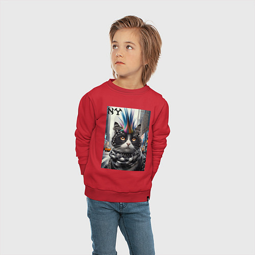 Детский свитшот Кот панк с разноцветным хаером - Нью-Йорк / Красный – фото 4