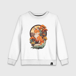 Свитшот хлопковый детский Лиса в японском стиле на фоне гор, цвет: белый