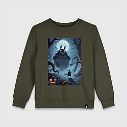 Свитшот хлопковый детский Тоторо и бегущий чёрный кот - хэллоуин, цвет: хаки