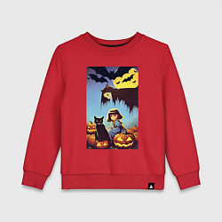 Свитшот хлопковый детский Ведьма зависла над девочкой и котом, цвет: красный