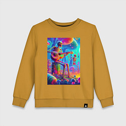 Свитшот хлопковый детский Скелет играет на гитаре в грибном лесу, цвет: горчичный