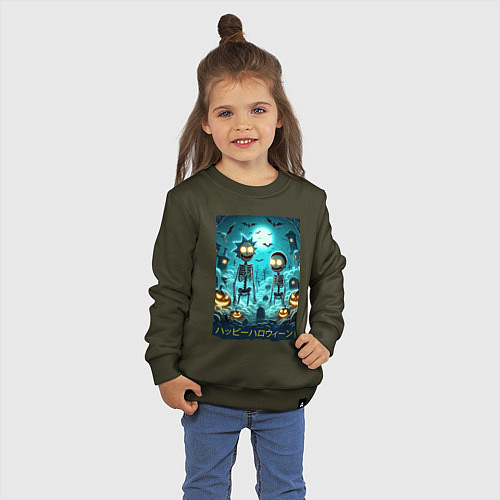 Детский свитшот Rick and Morty skeletons - happy halloween / Хаки – фото 3