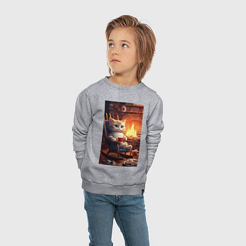 Детский свитшот Уютный кот у камина с чашкой какао / Меланж – фото 4