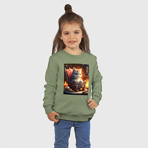 Детский свитшот Уютный кот у камина с чашкой какао / Авокадо – фото 3