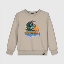 Свитшот хлопковый детский Увлеченная рыба-рыбак ловит рыбу удочкой, цвет: миндальный