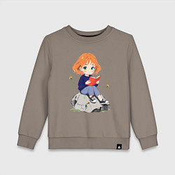 Свитшот хлопковый детский Рыжая девушка читает книгу, цвет: утренний латте