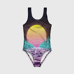 Купальник для девочки Vaporwave Закат солнца в горах Neon, цвет: 3D-принт