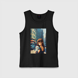 Детская майка Городская девчонка с белым котёнком - аниме