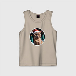 Майка детская хлопок Кот Бурманской породы в новогодней шапке, цвет: миндальный