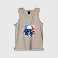 Майка детская хлопок Акварельный череп в цветах, цвет: миндальный