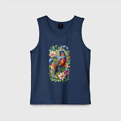 Майка детская хлопок Расписной овсянковый кардинал среди цветов, цвет: тёмно-синий
