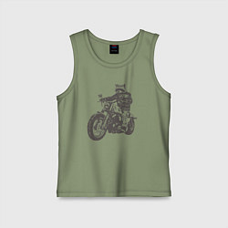 Майка детская хлопок Енот байкер на мотоцикле чоппере, цвет: авокадо