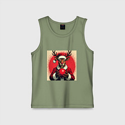 Майка детская хлопок Рождественский олень Рудольф в шапке Санты, цвет: авокадо