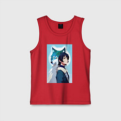 Майка детская хлопок Мечтательная девчонка и волк - нейроарт, цвет: красный