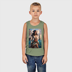 Майка детская хлопок Пиратка на фона флотилии кораблей, цвет: авокадо — фото 2