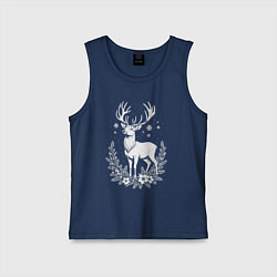 Майка детская хлопок Зимний олень в цветах, цвет: тёмно-синий
