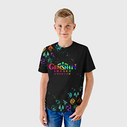 Футболка детская GENSHIN IMPACT NEON LOGO RAINBOW STYLE, ЭМБЛЕМЫ, цвет: 3D-принт — фото 2
