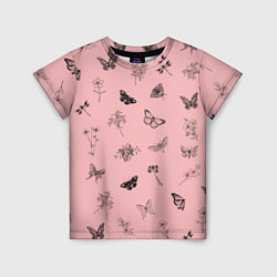 Детская футболка Цветочки и бабочки на розовом фоне