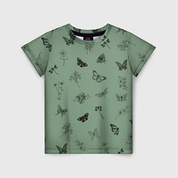 Детская футболка Цветочки и бабочки на зеленом фоне