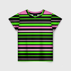 Детская футболка Полосаты узор в зелено-розовых оттенках на черном
