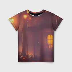 Детская футболка Викторианский дом и старые фонари с тыквами в пурп
