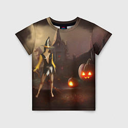 Детская футболка Ведьма с метлой и тремя тыквами возле старого дома