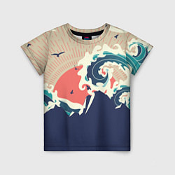 Детская футболка Большая океанская волна и силуэт пустынного остров