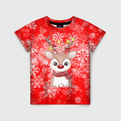 Детская футболка Милый олень и белые снежинки