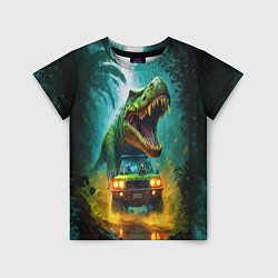 Детская футболка Тираннозавр преследует джип под дождем