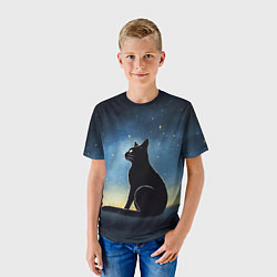 Футболка детская Черный кот и звезды - акварель, цвет: 3D-принт — фото 2