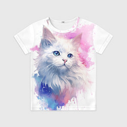 Детская футболка Белая кошечка акварель