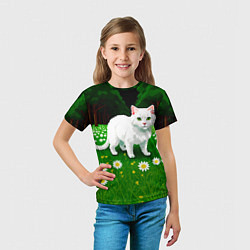 Футболка детская Белый кот на лугу пиксель арт, цвет: 3D-принт — фото 2