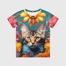 Футболка детская Дикая кошка в цветах, цвет: 3D-принт