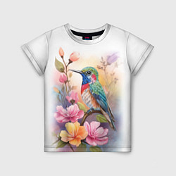 Детская футболка Колибри и цветы - акварель